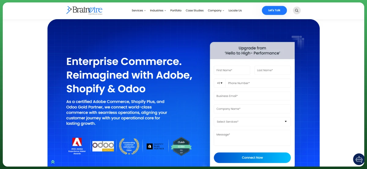 Brainvire Shopify ecommerce agency website offering enterprise commerce solutions with Shopify