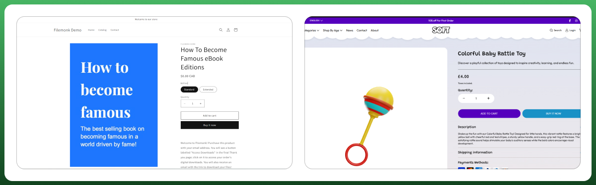 Comparison of physical and digital product examples for starting an online Shopify store.