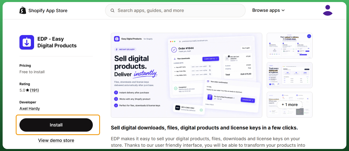 Shopify digital products app interface for delivering downloadable files and digital