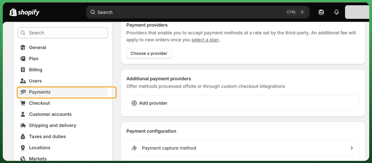 Shopify payment settings dashboard displaying payment providers, payment methods, and checkout configuration options.