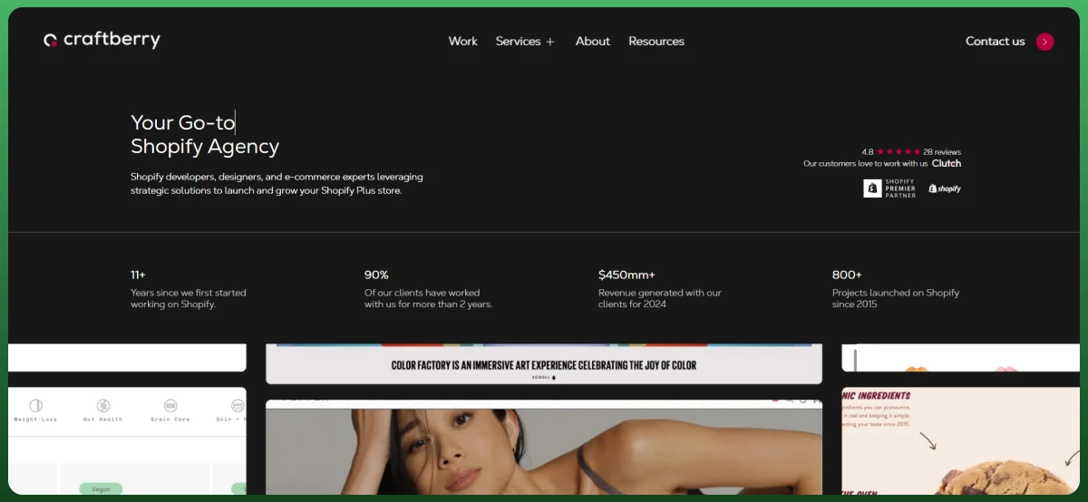 Craftberry Shopify agency website featuring Shopify development and ecommerce services