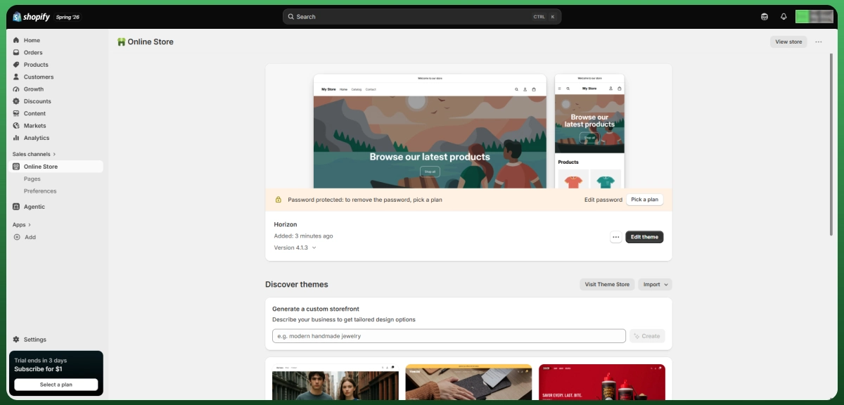 Shopify Online Store dashboard displaying theme customization and storefront setup for a new ecommerce business.