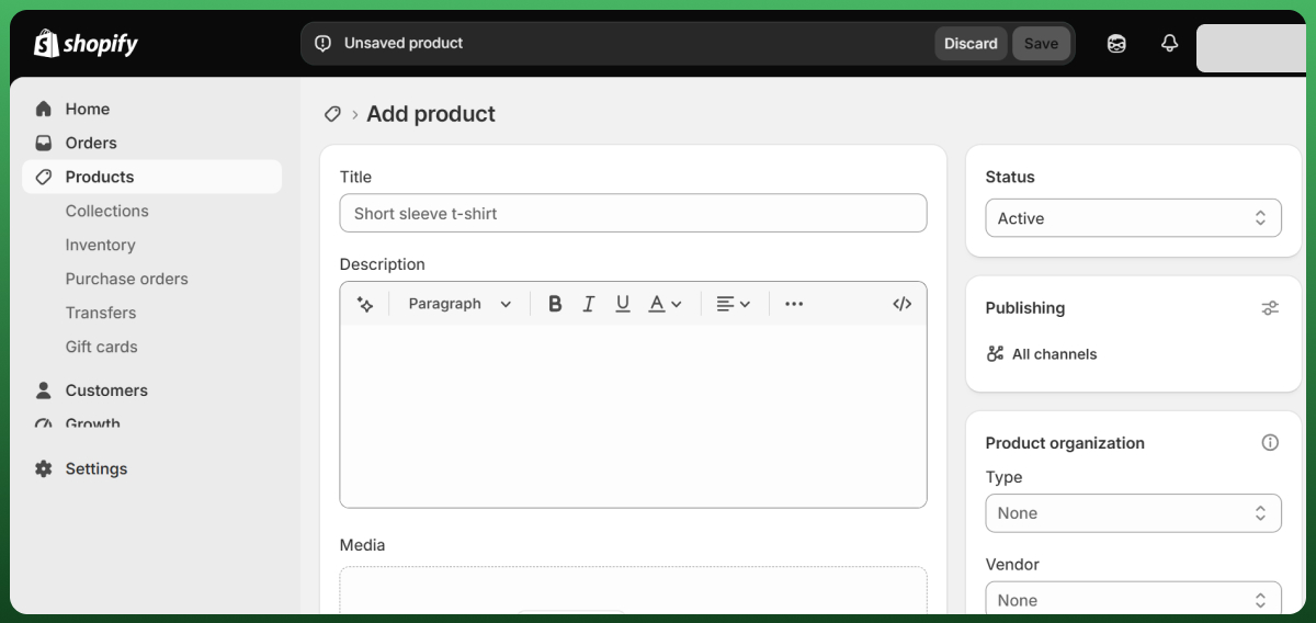 Shopify Add Product screen displaying product details and settings for creating an optimized product page.