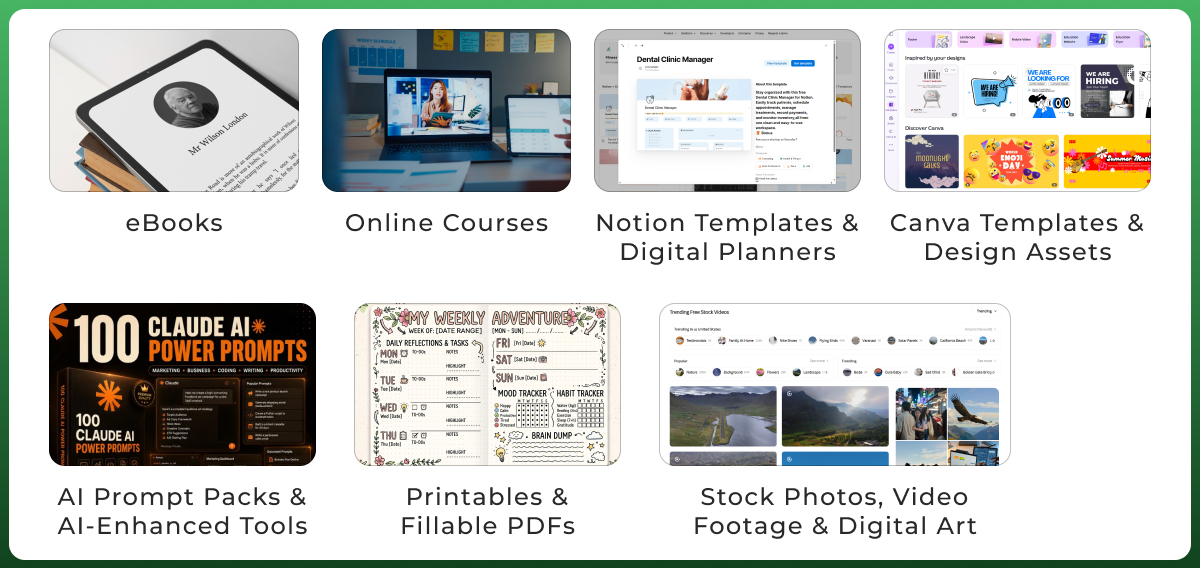 Examples of profitable digital products for Shopify stores such as ebooks, courses, templates, and digital art