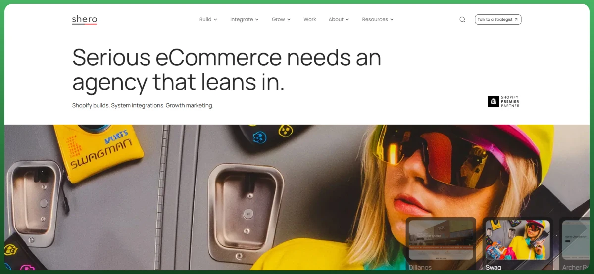 Ecommerce agency website featuring Shopify store development, system integration, and growth marketing services