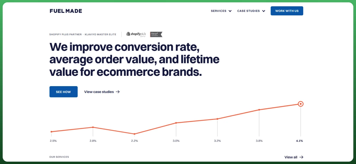 Ecommerce agency website showing conversion rate optimization and growth services for online brands