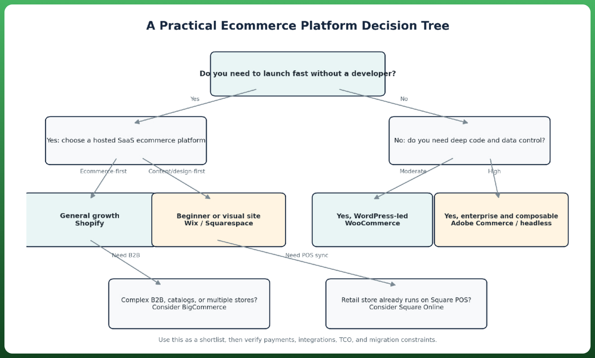 Flowchart guiding businesses to select the right eCommerce platform based on launch speed, customization needs, and business complexity.