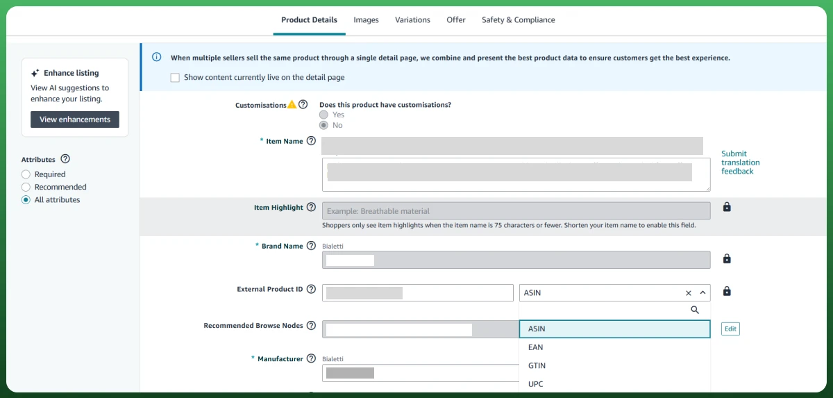 Amazon Seller Central product listing page showing item name, brand name, ASIN, manufacturer, and product attributes.
