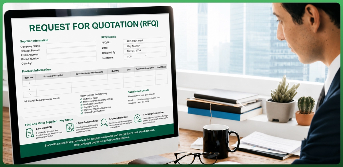 Amazon supplier sourcing and vetting process showing how to request quotes, order samples, and inspect suppliers