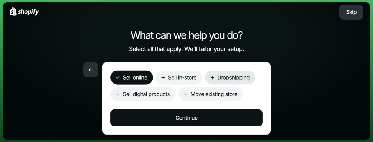 Shopify onboarding screen showing options to create and customize a digital product store