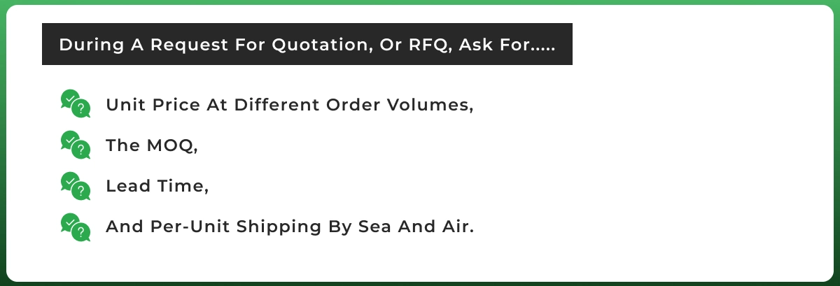Important questions to ask Amazon suppliers during an RFQ about pricing, MOQ, lead time, and shipping costs