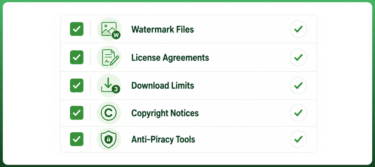 Digital product security checklist showing watermarking, licensing, download limits, copyright notices, and anti-piracy protection.