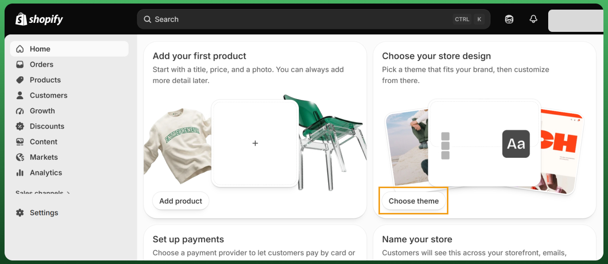 Shopify store setup page with options for selecting an ecommerce theme