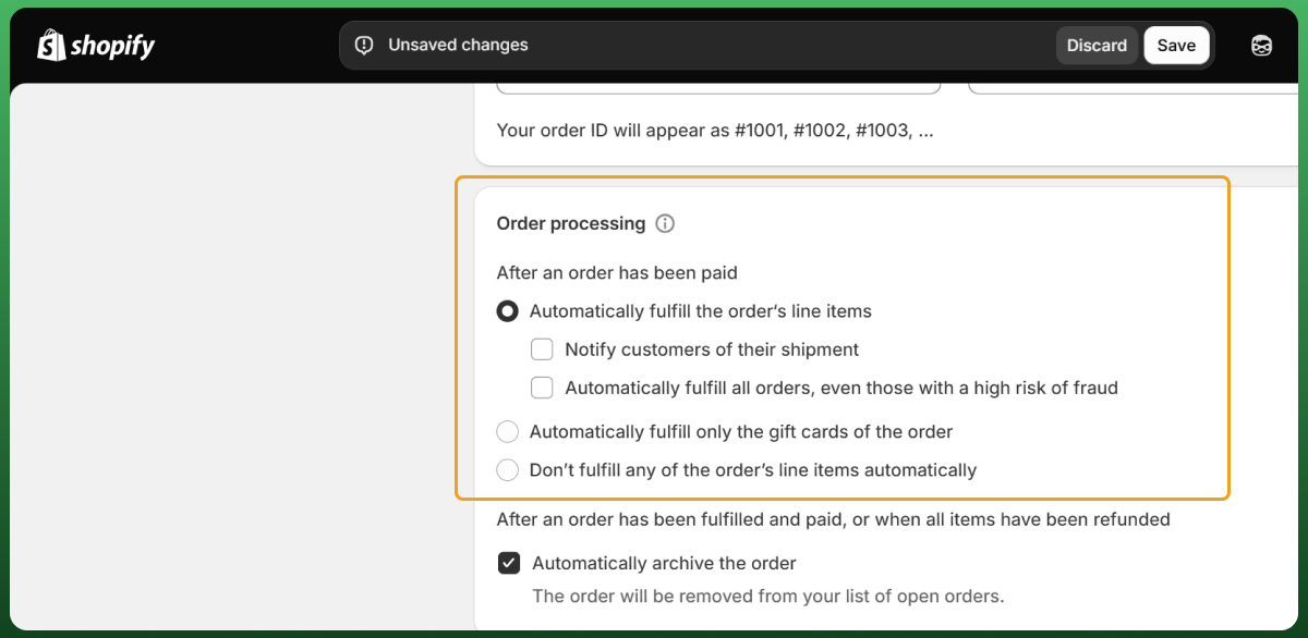 Shopify settings for automatically fulfilling digital product orders after payment