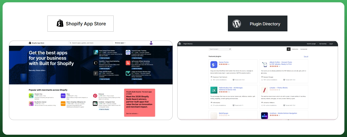 Shopify App Store and WooCommerce Plugin Directory comparison for ecommerce extensions and integrations