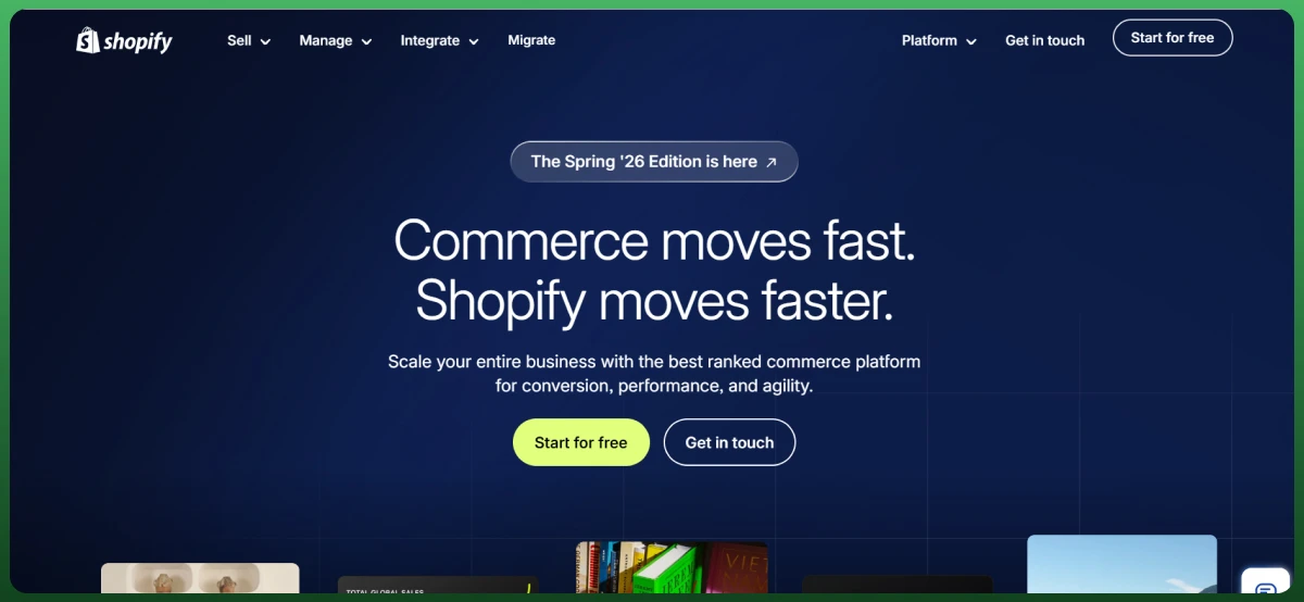 Shopify ecommerce platform website showcasing online store management, integration, and business growth tools