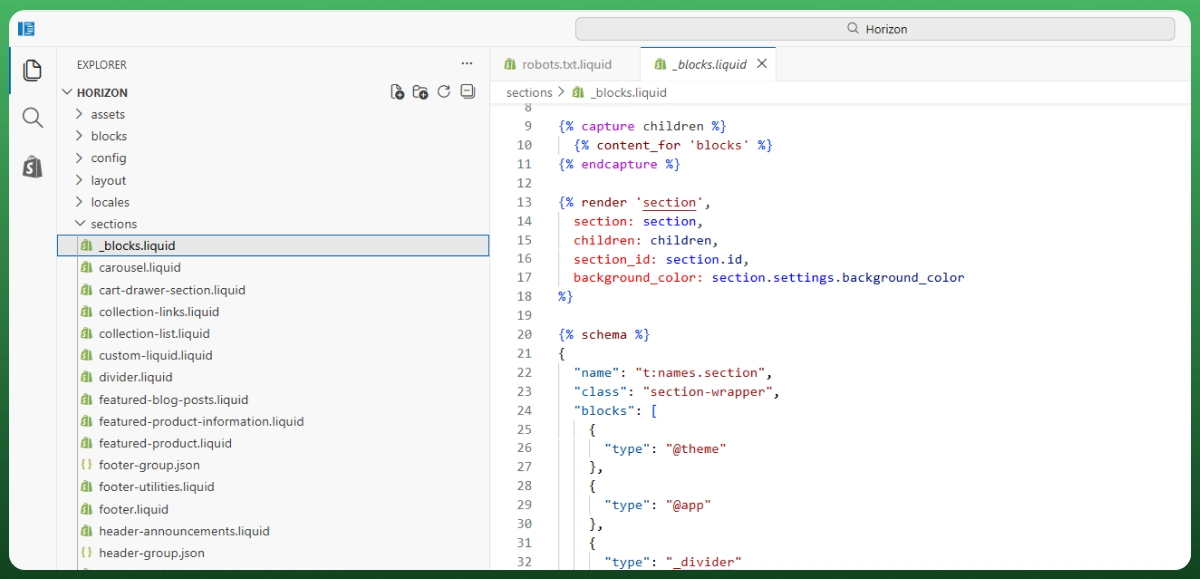 Shopify theme store and Liquid code editor showing ecommerce theme customization and development options