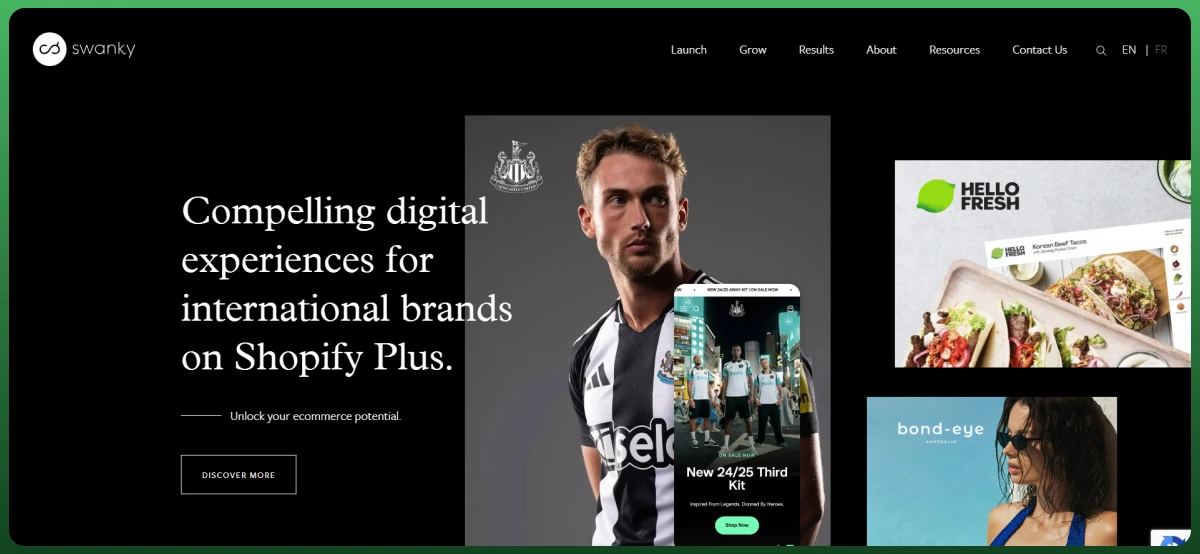 Swanky Shopify Plus ecommerce agency website showcasing digital experiences for international brands