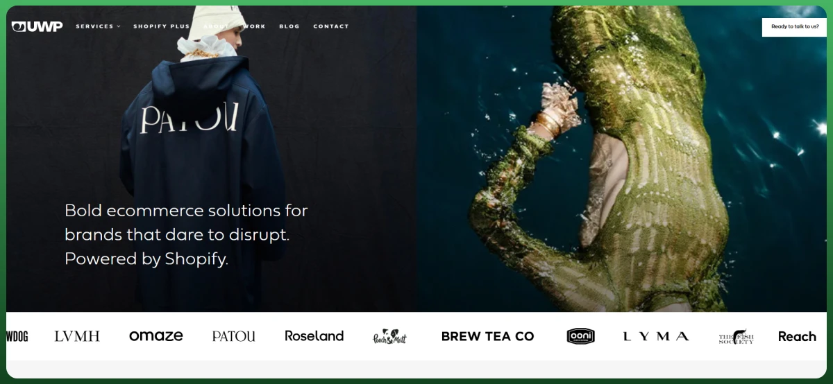 UPP Shopify ecommerce agency website featuring bold ecommerce solutions and Shopify Plus services