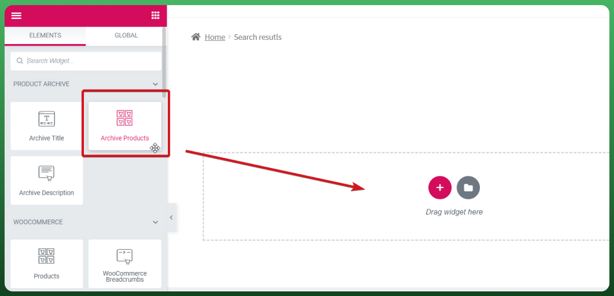WooCommerce and Shopify dashboard: WooCommerce page builder add archive products in widget