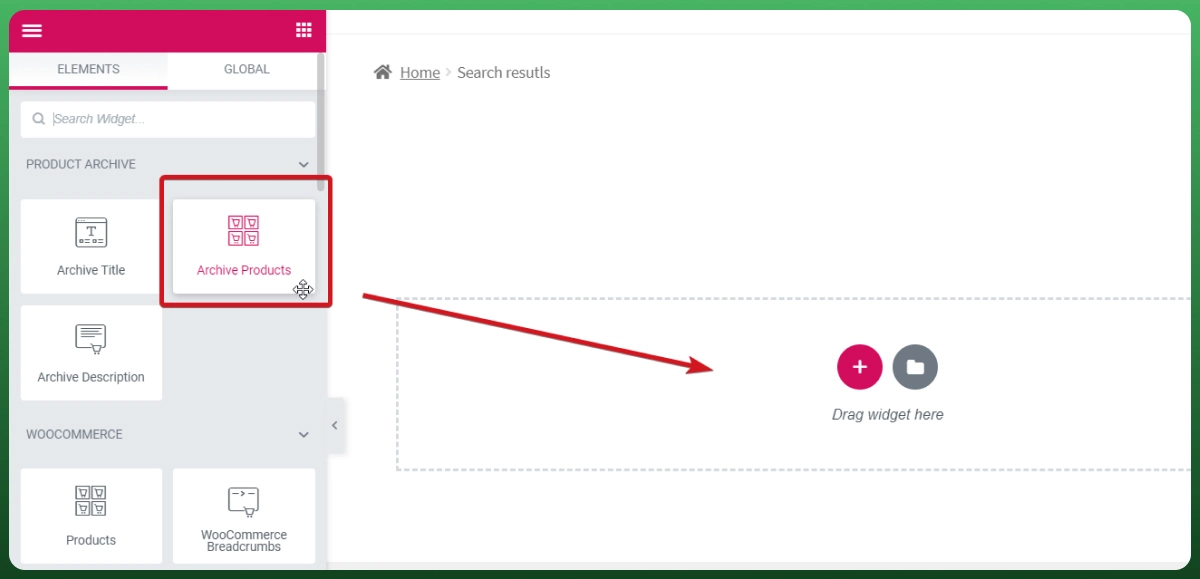 WooCommerce page builder showing the Archive Products widget and drag-and-drop placement area for product archive pages