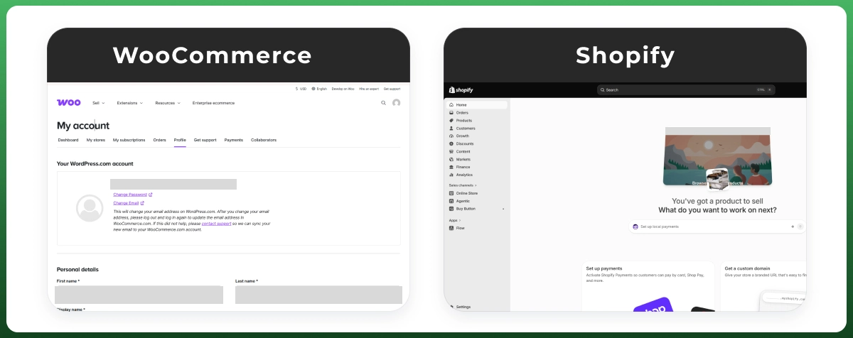 WooCommerce and Shopify comparison showing open-source WordPress architecture versus Shopify SaaS platform