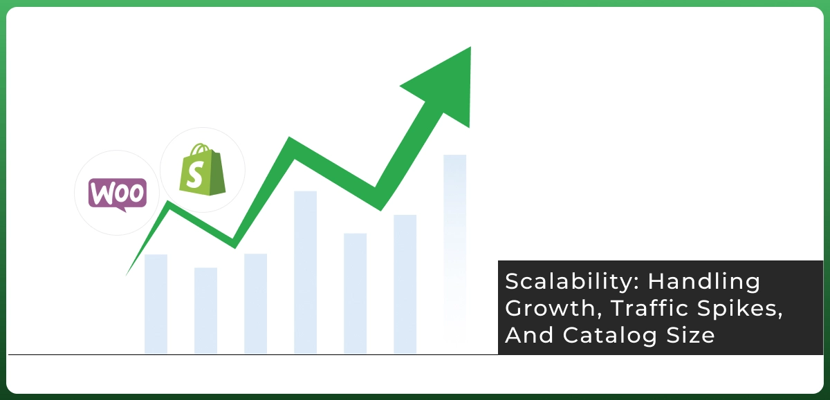 WooCommerce vs Shopify scalability comparison showing growth, traffic spikes, and large product catalogs