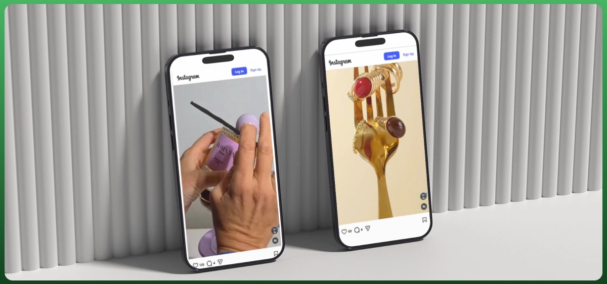 Two smartphones displaying Instagram product videos used for Shopify dropshipping and social media marketing.