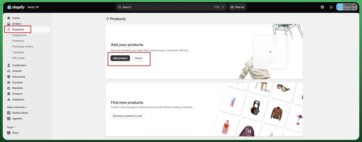 Shopify dashboard showing the Add Product section for uploading and importing products into an online store.