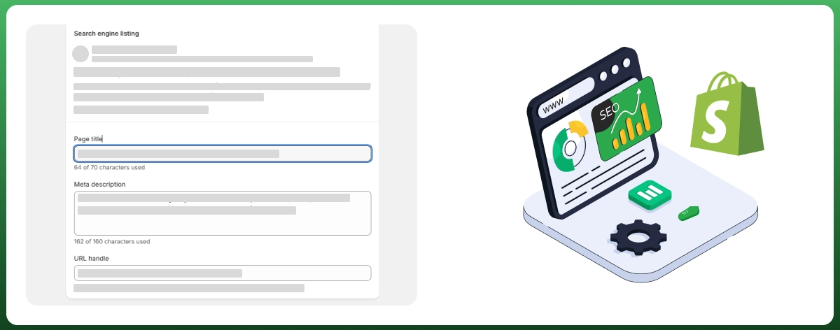 Shopify SEO settings showing product title, meta description, URL handle, and search engine optimization dashboard.