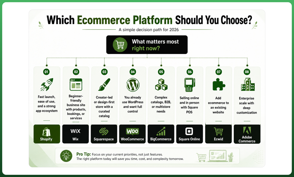 Decision guide showing which ecommerce platform to choose based on business size, technical requirements, ecommerce goals, and growth plans.