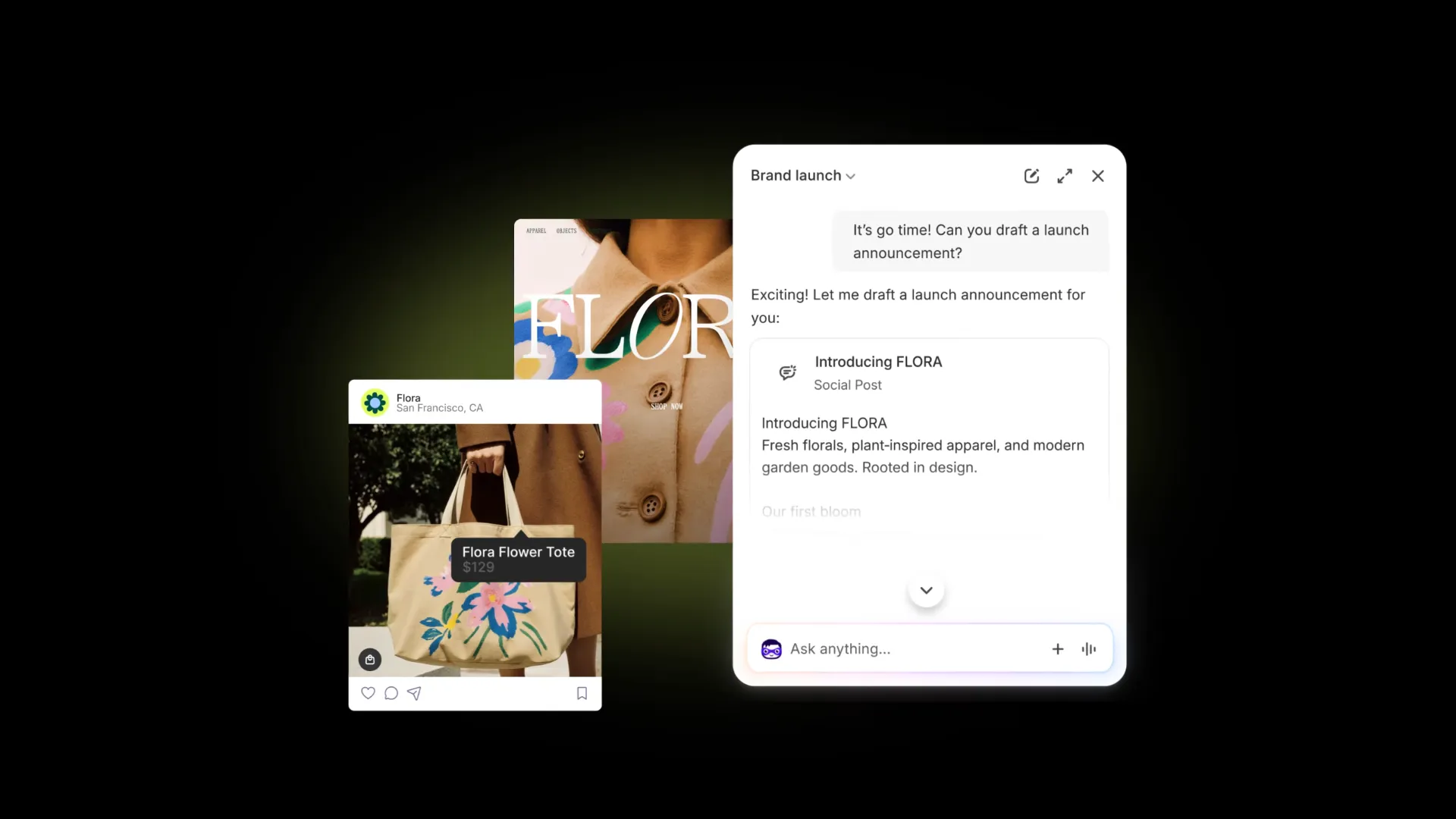 AI marketing interface showing a brand launch announcement for FLORA alongside social media and product visuals.