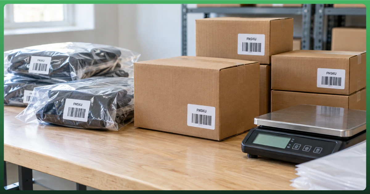 Amazon FBA inventory with labeled packages prepared for weighing, shipping, and fulfillment