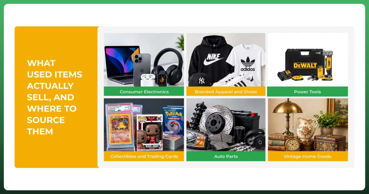 Popular used items to sell on eBay including electronics, branded clothing, power tools, collectibles, auto parts, and vintage home goods