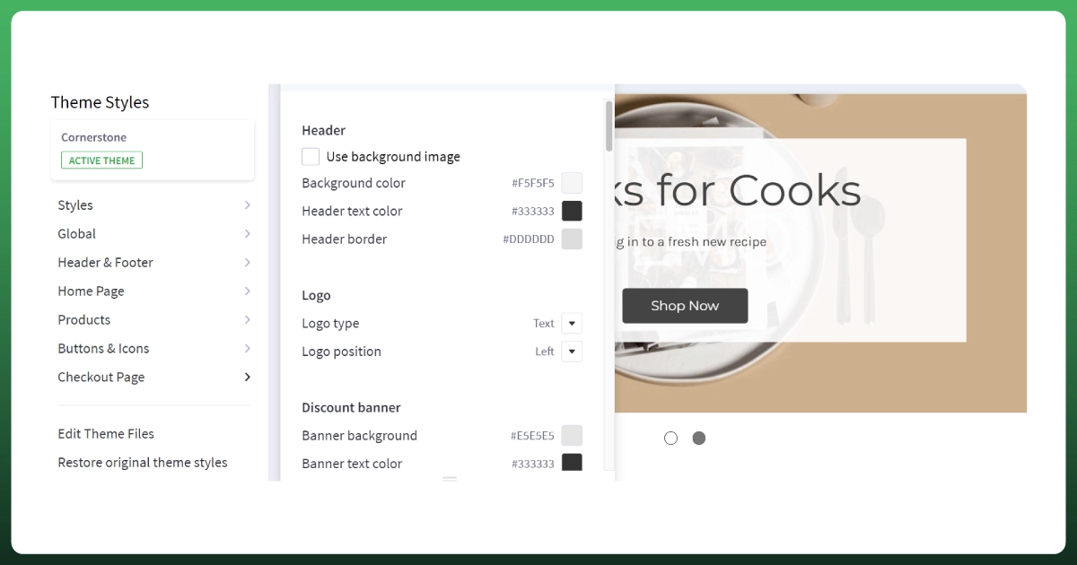 BigCommerce Stencil theme customization interface showing header, logo, global styles, products, and checkout settings