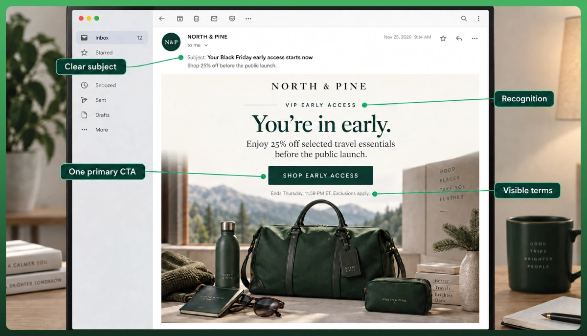 Black Friday early access email campaign with ecommerce product promotion