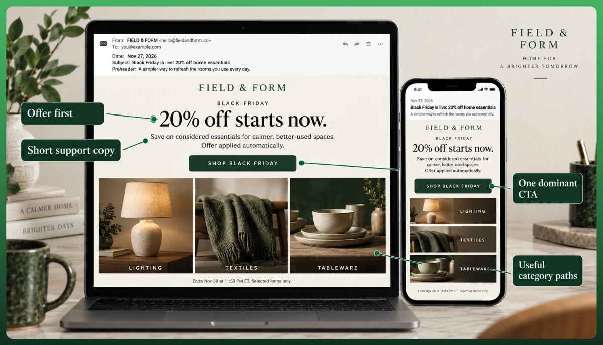 Black Friday ecommerce promotional email with discount offer and clear call to action