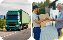Branded delivery truck and logistics team handling packages