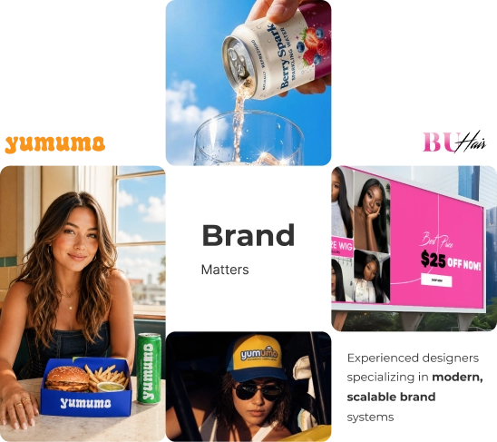 Creative brand identity mood board with logos and marketing visuals