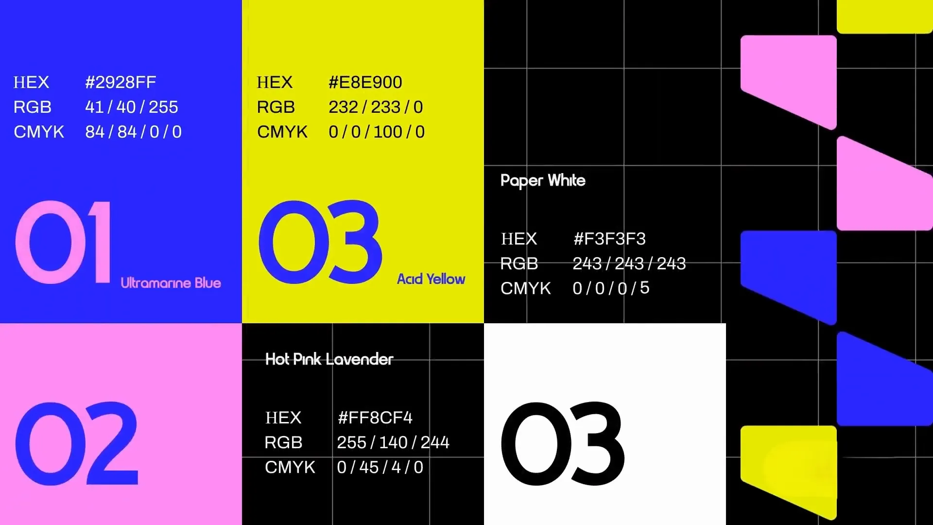 Color palette featuring ultramarine blue, acid yellow, hot pink lavender, paper white, and black with HEX, RGB, and CMYK color values.