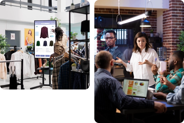 Split scene: shopper browses clothing on a digital display in a modern store, while a diverse team discusses ideas in a bright office.