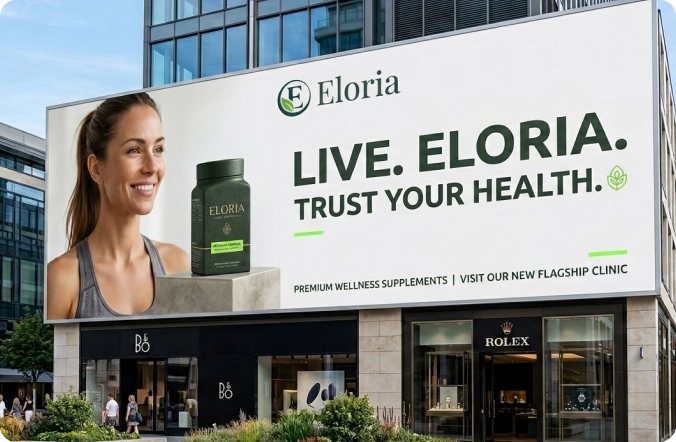 Eloria skincare brand displayed in an outdoor advertising campaign