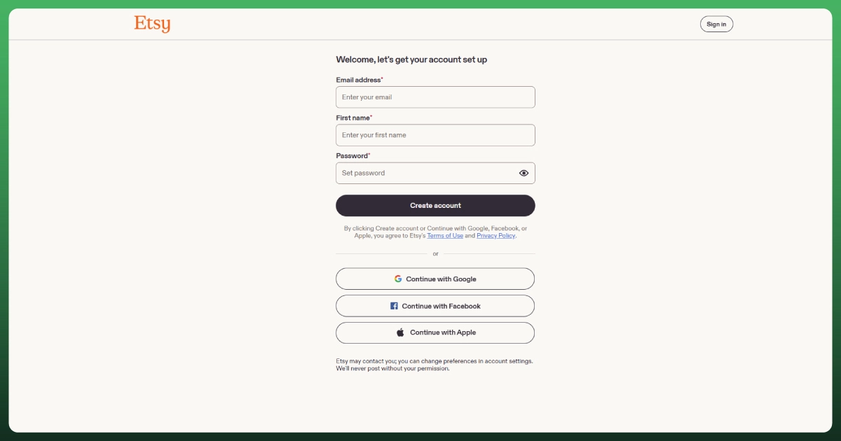 Etsy account setup screen showing the sign-up form for creating a new Etsy account