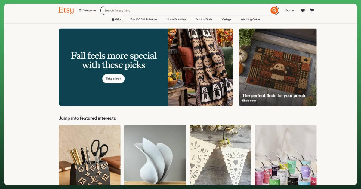 Etsy online marketplace homepage featuring handmade and creative products
