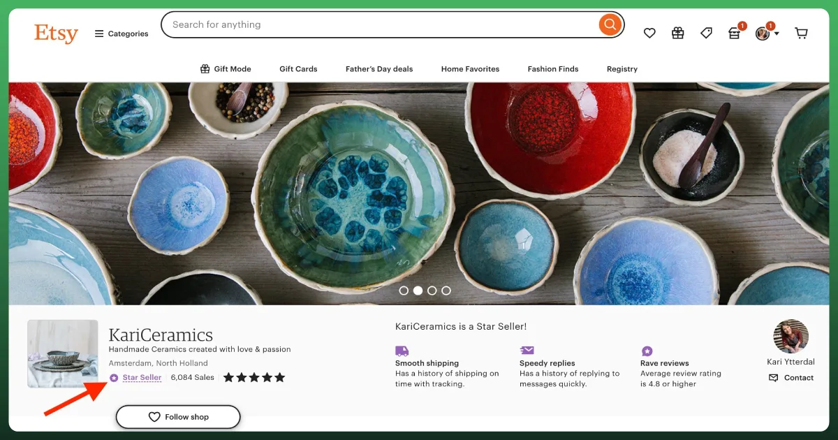 Etsy handmade ceramics shop showing product listings, Star Seller badge, customer reviews, and shop performance features.