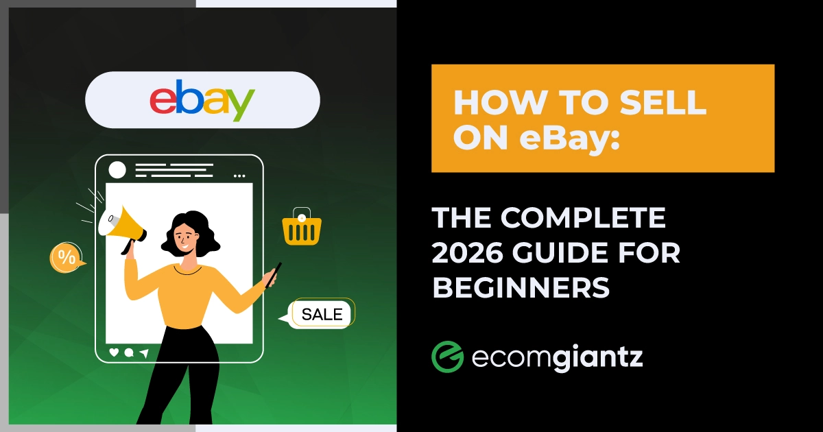 Illustration for a complete 2026 guide on how to sell on eBay, featuring an online seller, shopping cart, and eBay marketplace