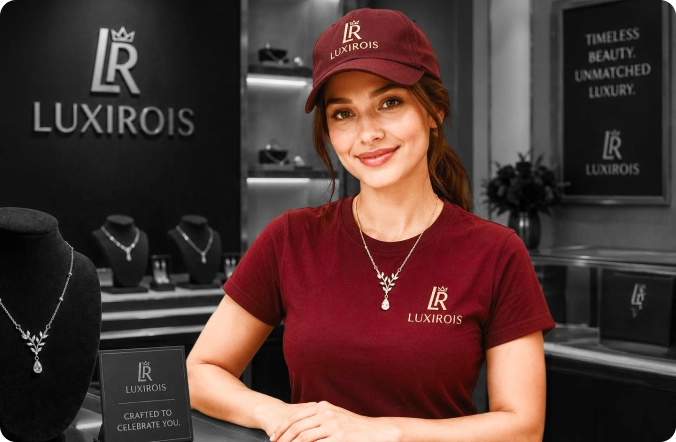 Retail employee wearing branded clothing in a luxury store