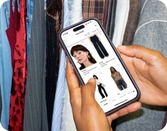 Mobile fashion shopping interface showing branded clothing