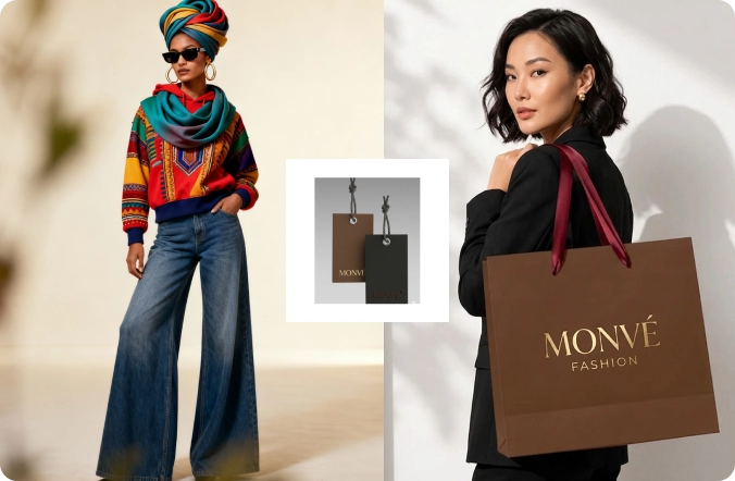 Fashion branding campaign featuring clothing and branded shopping bags