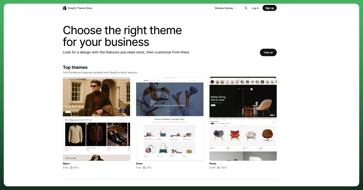 Shopify Theme Store showing multiple ecommerce themes for different business types and online store designs.